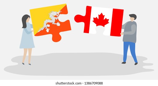 Couple holding two puzzles pieces with Bhutanese and Canadian flags. Bhutan and Canada national symbols together.