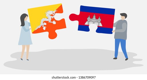 Couple holding two puzzles pieces with Bhutanese and Cambodian flags. Bhutan and Cambodia national symbols together.
