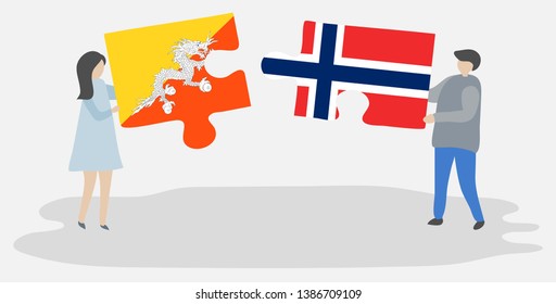 Couple holding two puzzles pieces with Bhutanese and Norwegian flags. Bhutan and Norway national symbols together.