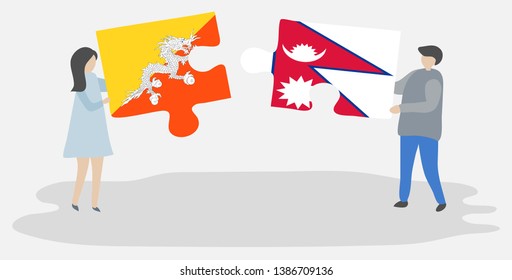Couple holding two puzzles pieces with Bhutanese and Nepalese flags. Bhutan and Nepal national symbols together.