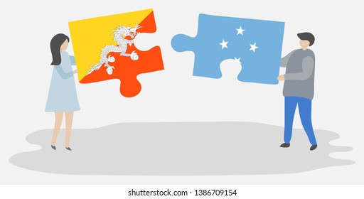 Couple holding two puzzles pieces with Bhutanese and Micronesian flags. Bhutan and Micronesia national symbols together.