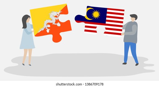 Couple holding two puzzles pieces with Bhutanese and Malaysian flags. Bhutan and Malaysia national symbols together.