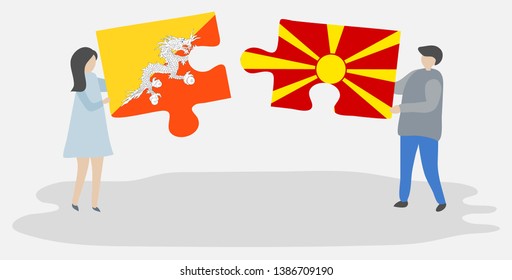 Couple holding two puzzles pieces with Bhutanese and Macedonian flags. Bhutan and Macedonia national symbols together.