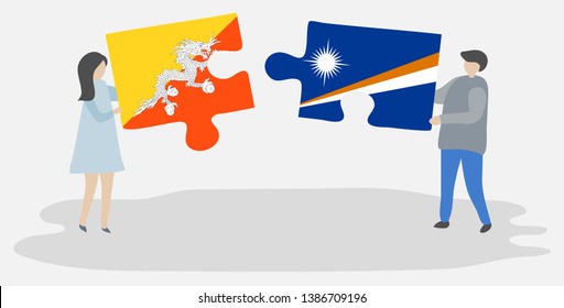 Couple holding two puzzles pieces with Bhutanese and Marshallese flags. Bhutan and Marshall Islands national symbols together.