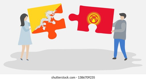 Couple holding two puzzles pieces with Bhutanese and Kirgiz flags. Bhutan and Kyrgyzstan national symbols together.