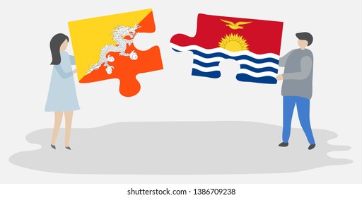 Couple holding two puzzles pieces with Bhutanese and I-Kiribati flags. Bhutan and Kiribati national symbols together.