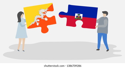 Couple holding two puzzles pieces with Bhutanese and Haitian flags. Bhutan and Haiti national symbols together.
