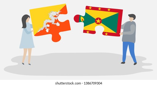 Couple holding two puzzles pieces with Bhutanese and Grenadian flags. Bhutan and Grenada national symbols together.