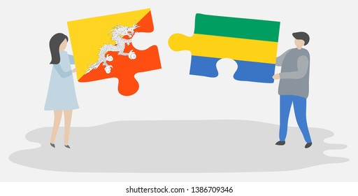 Couple holding two puzzles pieces with Bhutanese and Gabonese flags. Bhutan and Gabon national symbols together.