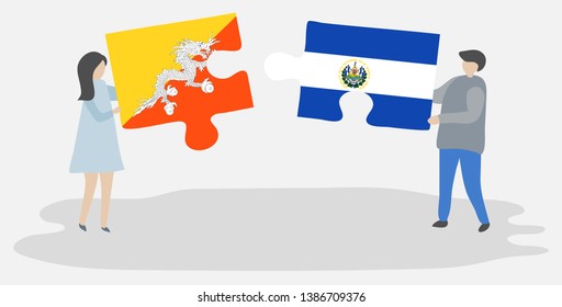 Couple holding two puzzles pieces with Bhutanese and Salvadoran flags. Bhutan and El Salvador national symbols together.