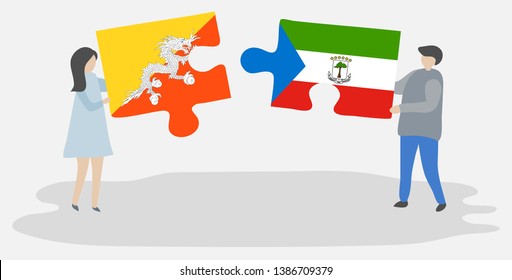 Couple holding two puzzles pieces with Bhutanese and Equatorial Guinean flags. Bhutan and Equatorial Guinea national symbols together.