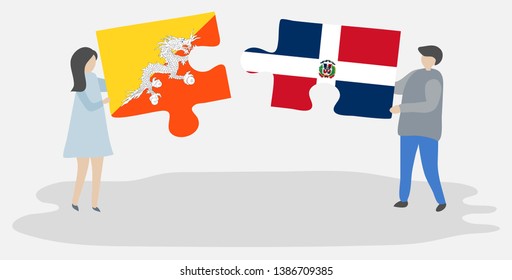 Couple holding two puzzles pieces with Bhutanese and Dominican flags. Bhutan and Dominican Republic national symbols together.