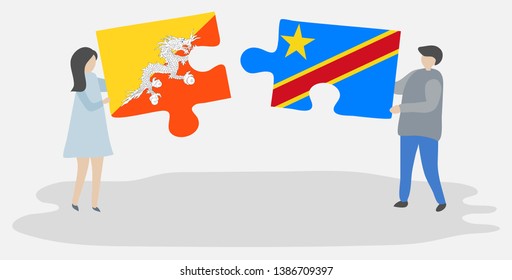 Couple holding two puzzles pieces with Bhutanese and Congolese flags. Bhutan and Democratic Republic of the Congo national symbols together.