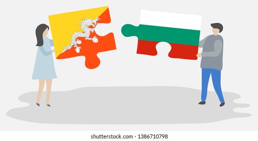 Couple holding two puzzles pieces with Bhutanese and Bulgarian flags. Bhutan and Bulgaria national symbols together.