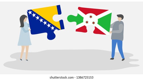 Couple holding two puzzles pieces with Bosnian and Burundian flags. Bosnia and Herzegovina and Burundi national symbols together.