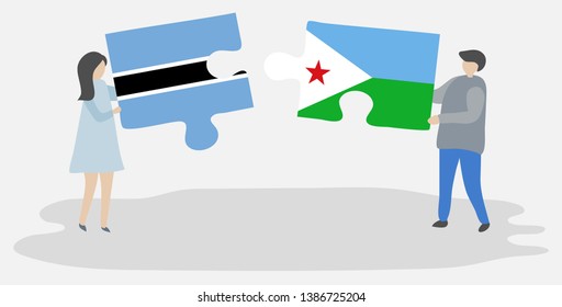 Couple holding two puzzles pieces with Motswana and Djiboutian flags. Botswana and Djibouti national symbols together.
