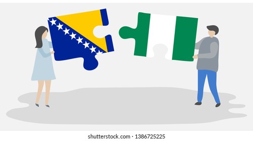 Couple holding two puzzles pieces with Bosnian and Nigerian flags. Bosnia and Herzegovina and Nigeria national symbols together.