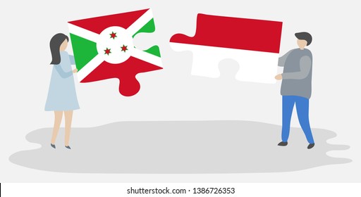 Couple holding two puzzles pieces with Burundian and Indonesian flags. Burundi and Indonesia national symbols together.