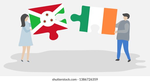 Couple holding two puzzles pieces with Burundian and Irish flags. Burundi and Ireland national symbols together.