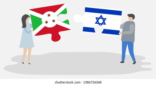 Couple holding two puzzles pieces with Burundian and Israeli flags. Burundi and Israel national symbols together.