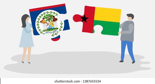 Couple holding two puzzles pieces with Belizean and Bissau-Guinean flags. Belize and Guinea-Bissau national symbols together.