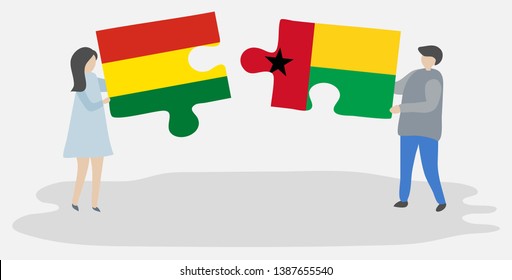 Couple holding two puzzles pieces with Bolivian and Bissau-Guinean flags. Bolivia and Guinea-Bissau national symbols together.