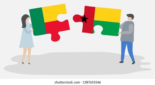 Couple holding two puzzles pieces with Beninese and Bissau-Guinean flags. Benin and Guinea-Bissau national symbols together.