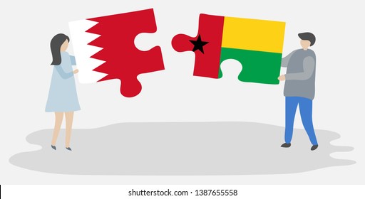 Couple holding two puzzles pieces with Bahraini and Bissau-Guinean flags. Bahrain and Guinea-Bissau national symbols together.