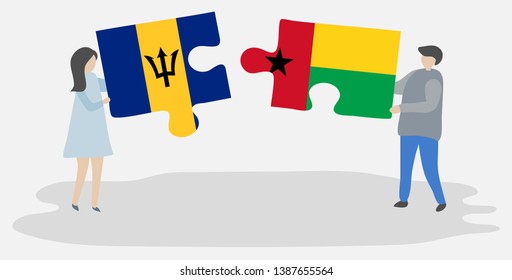 Couple holding two puzzles pieces with Barbadian and Bissau-Guinean flags. Barbados and Guinea-Bissau national symbols together.