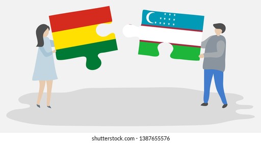 Couple holding two puzzles pieces with Bolivian and Uzbek flags. Bolivia and Uzbekistan national symbols together.
