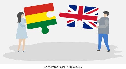 Couple holding two puzzles pieces with Bolivian and British flags. Bolivia and United Kingdom national symbols together.