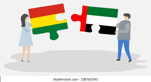 Couple holding two puzzles pieces with Bolivian and Emirian flags. Bolivia and United Arab Emirates national symbols together.