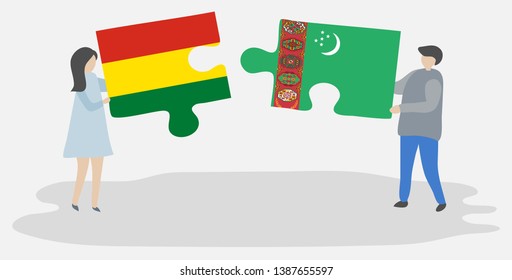 Couple holding two puzzles pieces with Bolivian and Turkmen flags. Bolivia and Turkmenistan national symbols together.