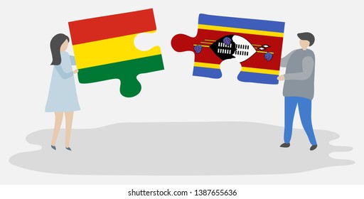 Couple holding two puzzles pieces with Bolivian and Swazi flags. Bolivia and Swaziland national symbols together.