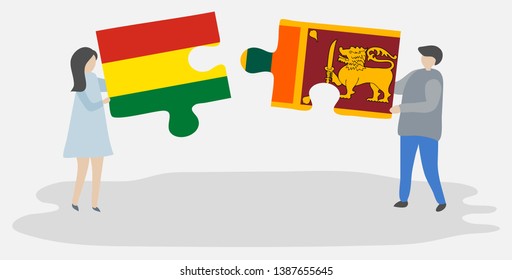 Couple holding two puzzles pieces with Bolivian and Sri Lankan flags. Bolivia and Sri Lanka national symbols together.