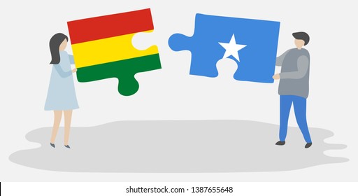 Couple holding two puzzles pieces with Bolivian and Somali flags. Bolivia and Somalia national symbols together.