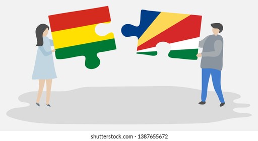 Couple holding two puzzles pieces with Bolivian and Seychellois flags. Bolivia and Seychelles national symbols together.