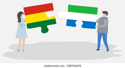 Couple holding two puzzles pieces with Bolivian and Sierra Leonean flags. Bolivia and Sierra Leone national symbols together.