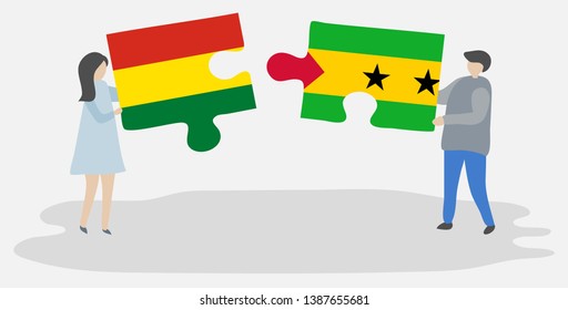 Couple holding two puzzles pieces with Bolivian and Sao Tomean flags. Bolivia and Sao Tome and Principe national symbols together.