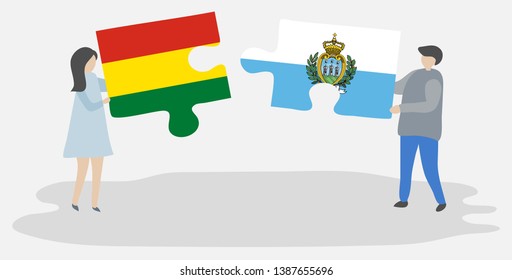Couple holding two puzzles pieces with Bolivian and Sammarinese flags. Bolivia and San Marino national symbols together.