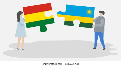 Couple holding two puzzles pieces with Bolivian and Rwandan flags. Bolivia and Rwanda national symbols together.