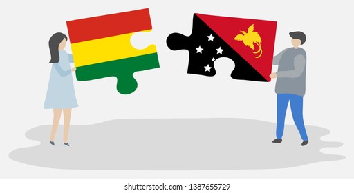 Couple holding two puzzles pieces with Bolivian and Papuan flags. Bolivia and Papua New Guinea national symbols together.