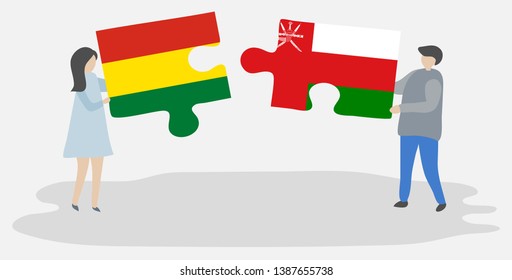 Couple holding two puzzles pieces with Bolivian and Omani flags. Bolivia and Oman national symbols together.