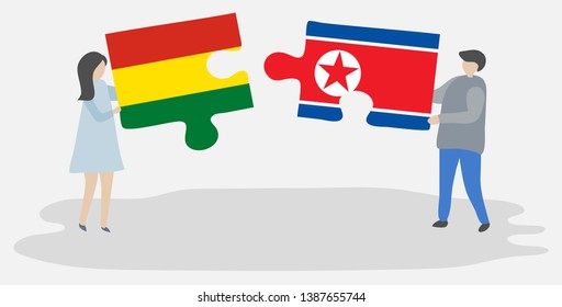 Couple holding two puzzles pieces with Bolivian and North Korean flags. Bolivia and North Korea national symbols together.