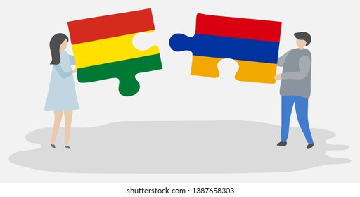 Couple holding two puzzles pieces with Bolivian and Armenian flags. Bolivia and Armenia national symbols together.