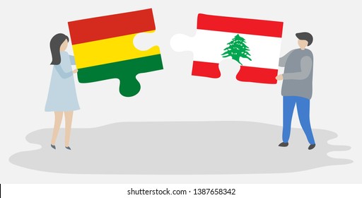 Couple holding two puzzles pieces with Bolivian and Lebanese flags. Bolivia and Lebanon national symbols together.