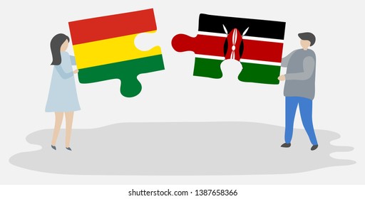 Couple holding two puzzles pieces with Bolivian and Kenyan flags. Bolivia and Kenya national symbols together.