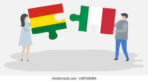 Couple holding two puzzles pieces with Bolivian and Italian flags. Bolivia and Italy national symbols together.