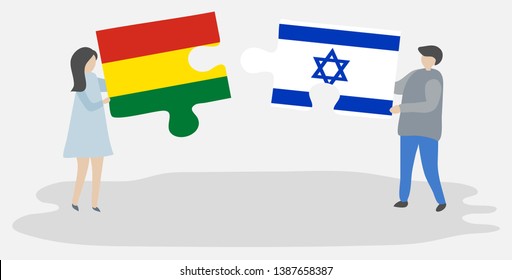 Couple holding two puzzles pieces with Bolivian and Israeli flags. Bolivia and Israel national symbols together.