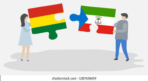 Couple holding two puzzles pieces with Bolivian and Equatorial Guinean flags. Bolivia and Equatorial Guinea national symbols together.